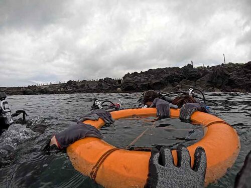 浮き輪に掴まり海に慣れ