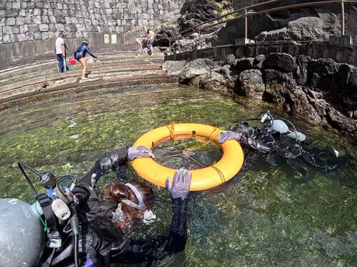 穏やかなところで浮き輪に掴まり海に慣れ