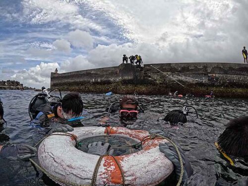 浮き輪に掴まりながらゆっくり海に慣れて頂き