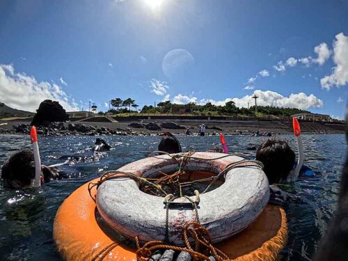 浮き輪に掴まりながら海に慣れ