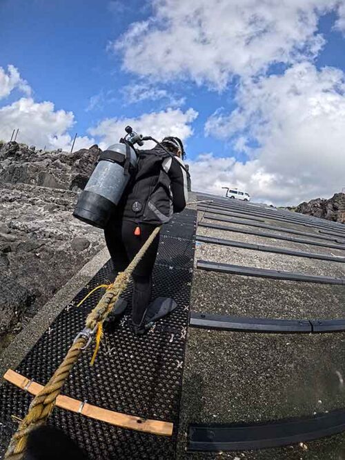 ロープ伝ってササっと海へ入っていって